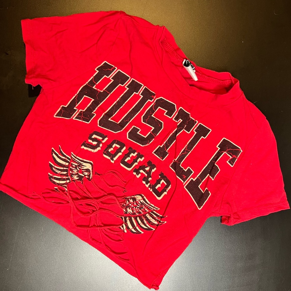 Red Windsor Cut Crop Top “Hustle Gang”